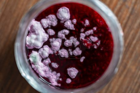 Photo for Dangerous mold in a glass jar of red raspberry jam, close up, top view. Mold is very dangerous to health - Royalty Free Image
