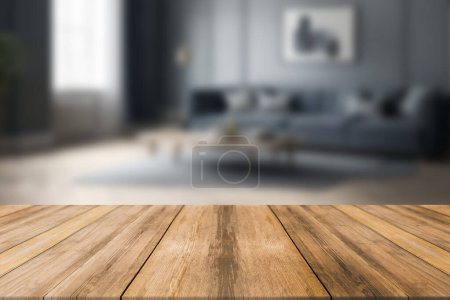Foto de Mesa de madera sobre fondo borroso sala de estar, contador de fondo. Para la exhibición del producto - Imagen libre de derechos