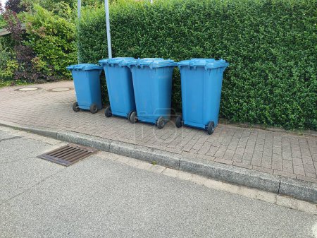 Trois grandes et une petite poubelles en plastique bleu se tiennent sur le côté de la route en face d'une haie verte prête pour la collecte