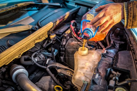 Photo for Auto mechanic hands filling pre-mixed super long life coolant antifreeze fluid in car radiator fill hole. Transportation theme - Royalty Free Image
