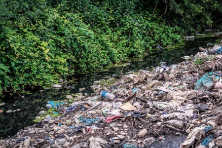 Téléchargez les photos : Rivière polluée par diverses ordures et ordures, Eau polluée. Problème environnemental - en image libre de droit