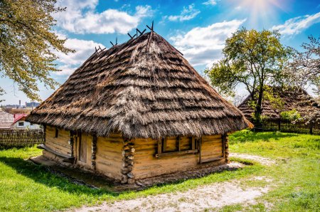 Old village house with straw roof under sunlight