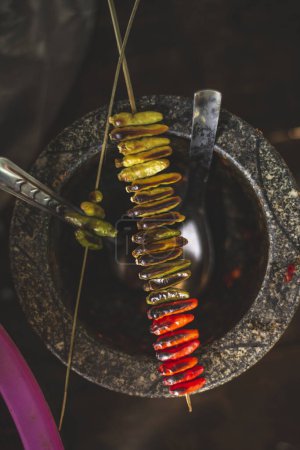 Verschiedene farbige Paprika werden auf dem Herd auf einem Steinmörser gegrillt. Dieses Grillen verbessert den Geschmack der Paprika, um sie süß zu machen.