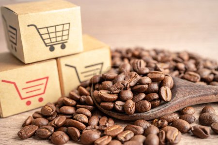 Photo for Box with shopping cart logo symbol on coffee beans, Import Export Shopping online or eCommerce delivery service store product shipping, trade, supplier concept. - Royalty Free Image