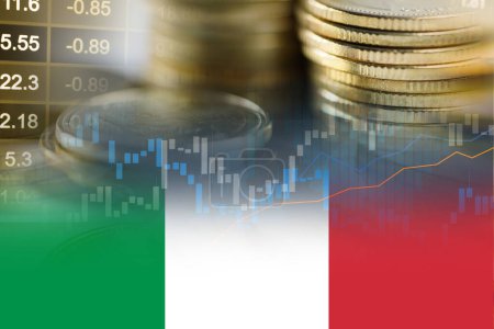 Stock market investment trading financial, coin and Italy flag or Forex for analyze profit finance business trend data background.