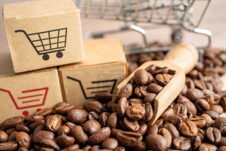 Box mit Warenkorb-Logo-Symbol auf Kaffeebohnen, Import Export Online-Shopping oder E-Commerce-Lieferservice Shop Produktversand, Handel, Lieferantenkonzept.