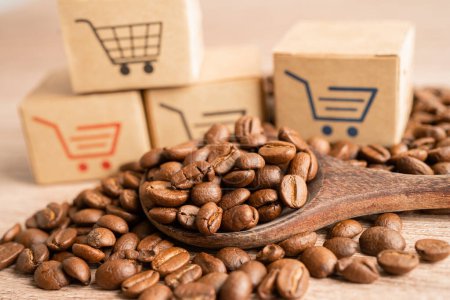 Photo for Box with shopping cart logo symbol on coffee beans, Import Export Shopping online or eCommerce delivery service store product shipping, trade, supplier concept. - Royalty Free Image