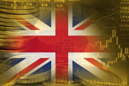 Photo for Stock market investment trading financial, coin and United Kingdom flag or Forex for analyze profit finance business trend data background. - Royalty Free Image
