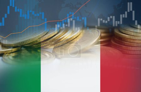 Mercado de valores de inversión financiera, moneda y bandera de Italia en Europa o Forex para analizar el fondo de datos de tendencias de negocios de finanzas de beneficios.       