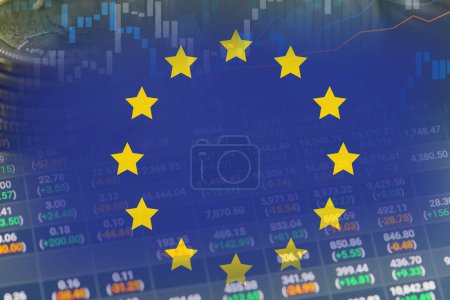 Comercio de inversión en bolsa financiera, moneda y bandera de la UE en Europa o Forex para analizar los antecedentes de la tendencia del negocio de finanzas de beneficios.       