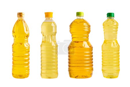 Pflanzenöl in verschiedenen Flaschen zum Kochen isoliert auf weißem Hintergrund.