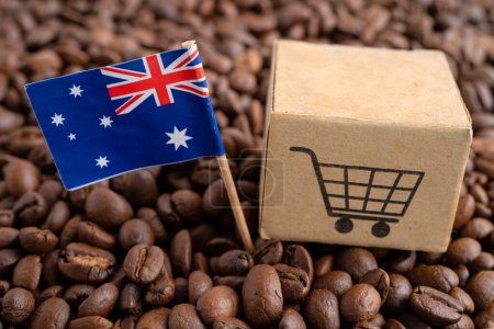 Australien Flagge mit Warenkorb auf Kaffeebohnen, Import Export Handel Online-Handel.