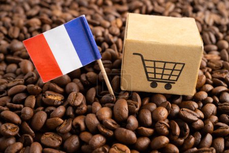 Frankreich-Flagge mit Einkaufswagen auf Kaffeebohnen, Import-Export-Handel Online-Handel.