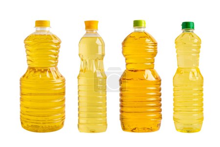 Vegetable oil in different bottle for cooking isolated on white background.