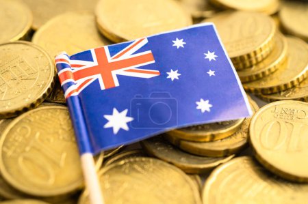 Australia flag on coins money, finance and accounting, banking concept.