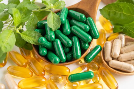 Médecine alternative capsule organique à base de plantes avec de la vitamine E oméga 3 huile de poisson, minéral, médicament avec des herbes feuilles suppléments naturels pour une vie saine.