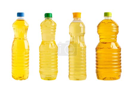 Pflanzenöl in verschiedenen Flaschen zum Kochen isoliert auf weißem Hintergrund.