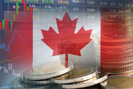 Aktienmarkt Investment Trading Finanz-, Münz- und Kanada-Flagge, Finanzen Business Trend Daten Hintergrund.