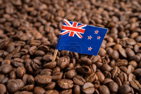 New Zealand flag on coffee bean, import export trade online commerce.