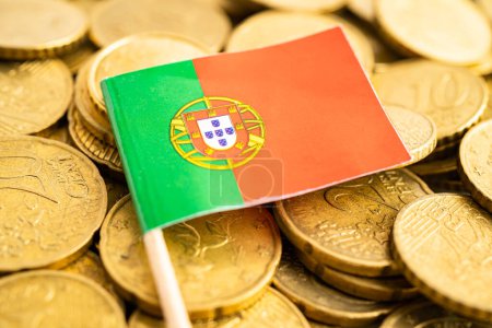 Portugal flag on coins money, finance and accounting, banking.