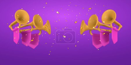Illustration for 3d realistic fanfare with confetti. Music concept design in plastic cartoon style. Vector illustration. - Royalty Free Image