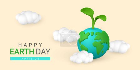 Téléchargez les illustrations : Joyeux Jour de la Terre conception de bannière promo. Dessin animé 3D Terre avec nuages. Illustration vectorielle. - en licence libre de droit