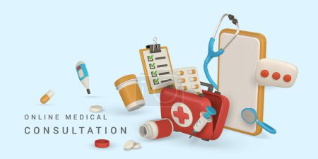 Banner de consulta médica en línea en estilo de dibujos animados. Concepto de medicina en línea y diseño sanitario. Accesorios modernos de médico. Ilustración vectorial.