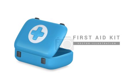 Illustration for 3d realistic first aid kit, emergency box in cartoon style. Hospital doctor care bag. Symbol of safety, urgency help. Pharmacy advertisement. Vector illustration. - Royalty Free Image