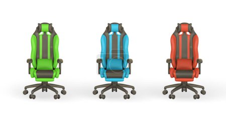 Téléchargez les illustrations : Réaliste 3d chaise de jeu d'ordinateur dans le style de dessin animé. Concept d'équipement informatique. Illustration vectorielle. - en licence libre de droit