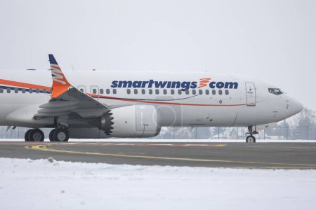 Photo for PRAGUE-December 8,2023: Smartwings Boeing 737 MAX 8 REG: OK-SWD at Vaclav Havel Airport Prague. Smartwings is the biggest airline in the Czech Republic. - Royalty Free Image
