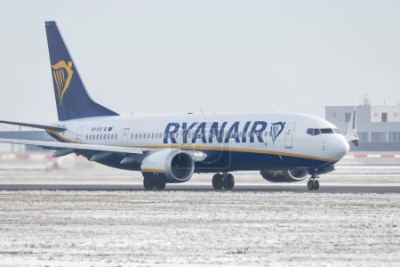 Photo for PRAGUE - January 21, 2024: Ryanair Operated by Malta Air Boeing 737 MAX 8-200 REG:9H-VVD at Vaclav Havel Airport Prague. Ryanair Ltd. is an Irish low-cost airline. From Prague to London. - Royalty Free Image