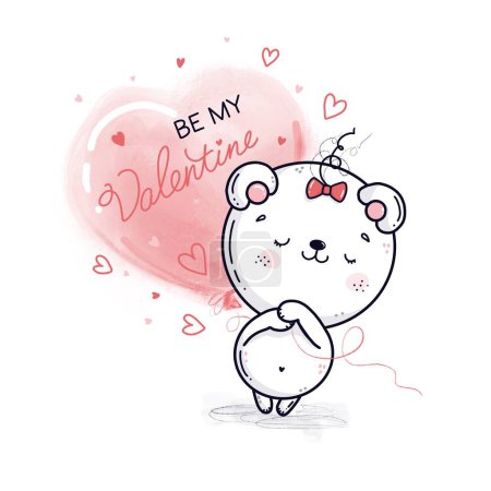Foto de Cute polar bear girl with a balloon in the form of a heart. Postcard for valentine's day. Lettering "be my valentine" - Imagen libre de derechos