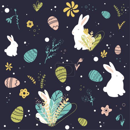 Foto de Easter pattern contains hares, eggs, leaves, bushes, decor. The pattern can be used to wrap holiday paper - Imagen libre de derechos