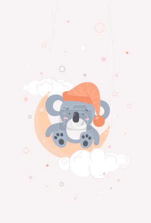 Foto de Cute koala in a hat on the moon. Vector illustration. Poster for the children's room, a koala on the moon in a night hat with stars and small decor. Cute illustration for nursery in pastel colors - Imagen libre de derechos
