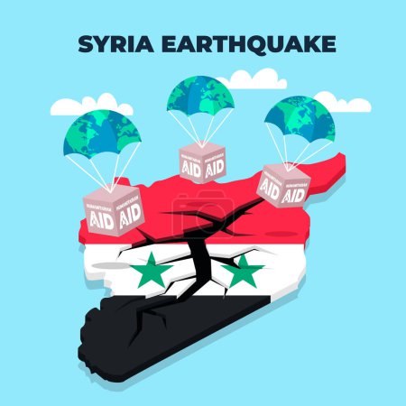 Ilustración de Humanitarian aid boxes landing on Syria earthquake map - Imagen libre de derechos