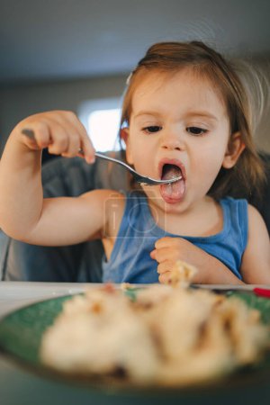 Téléchargez les photos : Caucasian baby girl eating from plate having lunch on high-chair. Kid self-feeding ,baby-led weaning. Healthy infant nutrition of solid food. - en image libre de droit