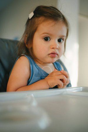 Small cute little toddler brunette caucasian girl sitting in baby chair looking at camera.