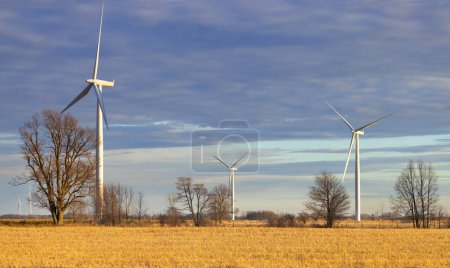 Wind turbines in winter on Wolfe Island, Ontario, Canada