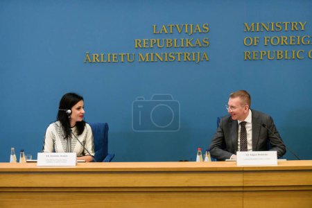 Photo for RIGA, LATVIA. 8th May 2023. Dominique Hasler (L), Minister of Foreign Affairs, Education and Sport of Liechtenstein and Edgars Rinkevics (R),  Minister of Foreign Affairs of Latvia, during press conference. - Royalty Free Image