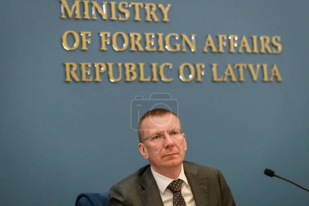 Photo for RIGA, LATVIA. 8th May 2023. Dominique Hasler, Minister of Foreign Affairs, Education and Sport of Liechtenstein and Edgars Rinkevics (at photo), Minister of Foreign Affairs of Latvia, during press conference. - Royalty Free Image