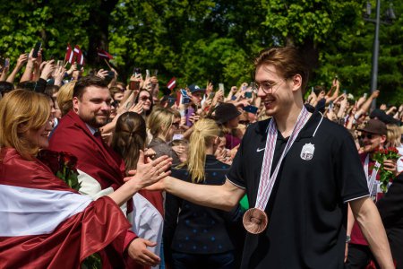 Photo for RIGA, LATVIA. 29th May 2023. Arturs Silovs, IIHF Worlds 2023 MVP player and Bronze Medalist of Latvian Men's Ice Hockey team arrival massive celebration at Monument of Freedom. - Royalty Free Image