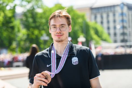 Photo for RIGA, LATVIA. 29th May 2023. Arturs Silovs, IIHF Worlds 2023 MVP player and Bronze Medalist of Latvian Men's Ice Hockey team arrival massive celebration at Monument of Freedom. - Royalty Free Image