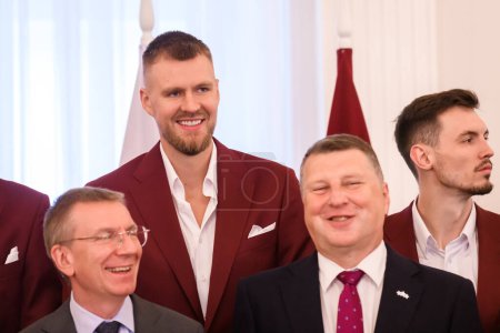 Photo for RIGA, LATVIA. 14 th August 2023.  Kristaps Porzingis, during meeting with Edgars Rinkevics, President of Latvia before FIBA BASKETBALL WORLD CUP 2023. - Royalty Free Image