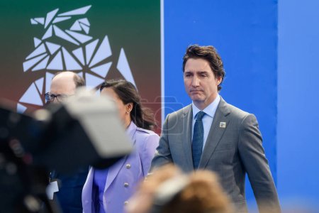 Photo for VILNIUS, LITHUANIA. 11th July 2023. Justin Trudeau, Prime Minister of Canada, during doorstep at NATO SUMMIT 2023. Vilnius, Lithuania. - Royalty Free Image