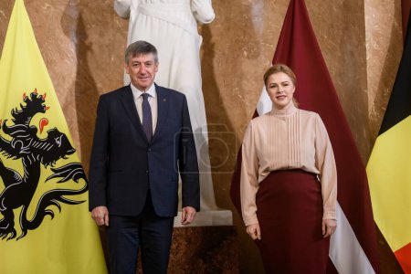 Photo for RIGA, LATVIA. 5th March 2024. Jan Jambon (L), Minister President of Flanders meets with Evika Silina (R), Prime Minister of Latvia. - Royalty Free Image