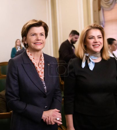 Photo for RIGA, LATVIA. 19th April 2024. Baiba Braze (L) newly elected Minister of Foreign Affairs of Latvia and Evika Silina (R), Prime Minister of Latvia. - Royalty Free Image