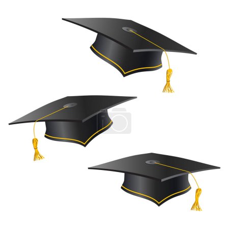 Téléchargez les photos : Black graduation hat with golden elements in different positions. Education student caps for ceremony. Jpeg isolated symbol. - en image libre de droit
