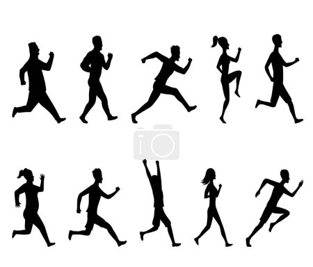 Téléchargez les photos : Sport silhouettes men and women set. Runners on sprint human body shape in black color. Jpeg isolated active people figure. - en image libre de droit