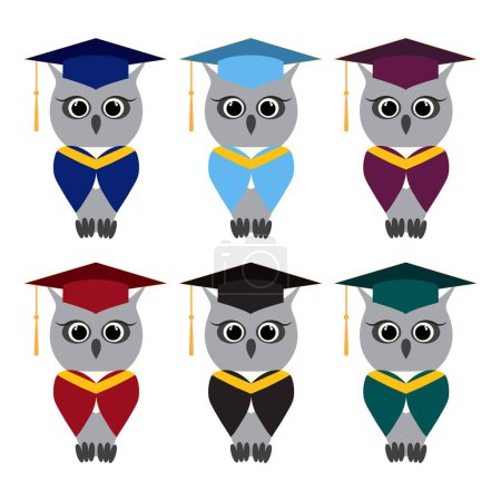 Téléchargez les photos : Set of owl in a graduate hats and mantles of different colors. Jpeg owl character in professors, mortar in master cap. - en image libre de droit