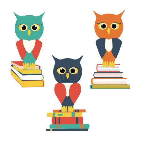 Set of wise owl on a stack of books. Owl characters. Back to school flat jpeg illustration.
